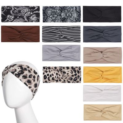 12 Pack Vintage Style Elastic Headband Workout Headbands for Women,Hair Wrap Casual Sports Headwear, Stretchy Breathable Wicking Head Wrap for Workout, Running, Yoga