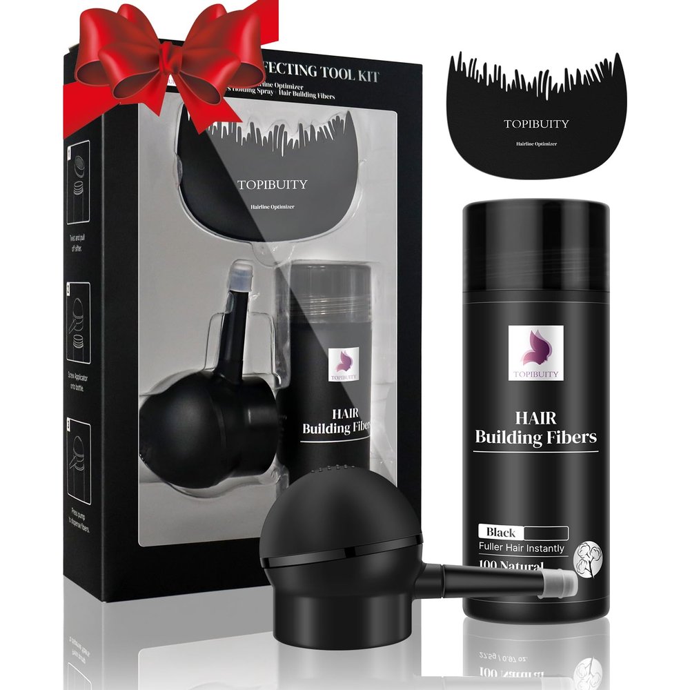 TOPIBUITY Hair Thickening Fibers & Applicator Set - Natural Long-Lasting Concealer for Fuller Hair, Thicker Beard & Crisp Hairlines (BLACK)