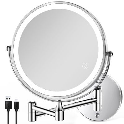 8.5 Inch Rechargeable Wall Mounted Lighted Makeup Mirror, Double-Sided 1X/10X LED Magnifying Vanity Mirror with Lights, 3 Color Lights Touch Screen Dimmable 360Swivel 18 Inch Extendable - Chrome