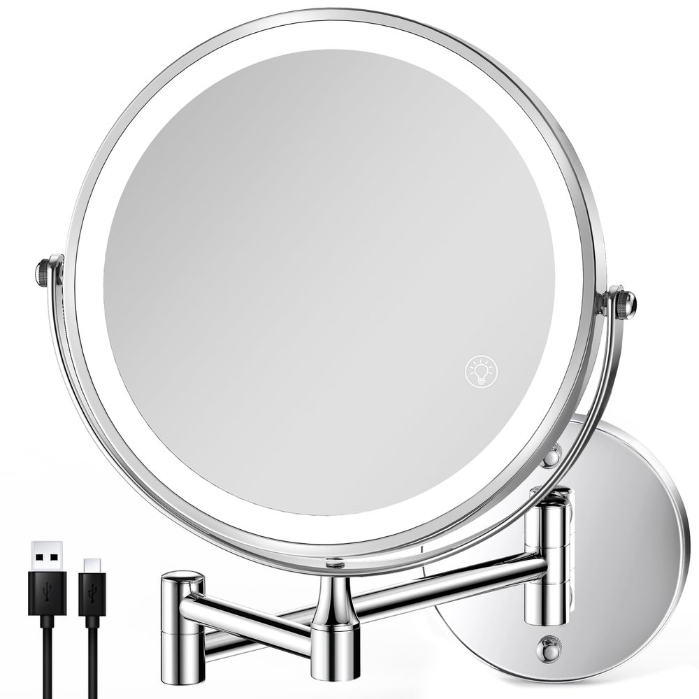 8.5 Inch Rechargeable Wall Mounted Lighted Makeup Mirror, Double-Sided 1X/10X LED Magnifying Vanity Mirror with Lights, 3 Color Lights Touch Screen Dimmable 360Swivel 18 Inch Extendable - Chrome