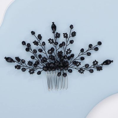 Teyglen Rhinestone Wedding Hair Comb Bridal Black Crystal Hair Side Comb Handmade Black Beads Hair Piece Vintage Headpiece Hair Accessories for Women Girls Party Prom Festival