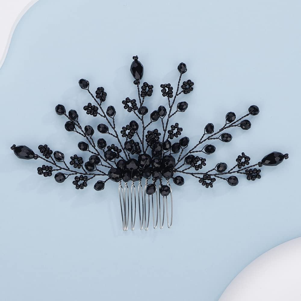 Teyglen Rhinestone Wedding Hair Comb Bridal Black Crystal Hair Side Comb Handmade Black Beads Hair Piece Vintage Headpiece Hair Accessories for Women Girls Party Prom Festival