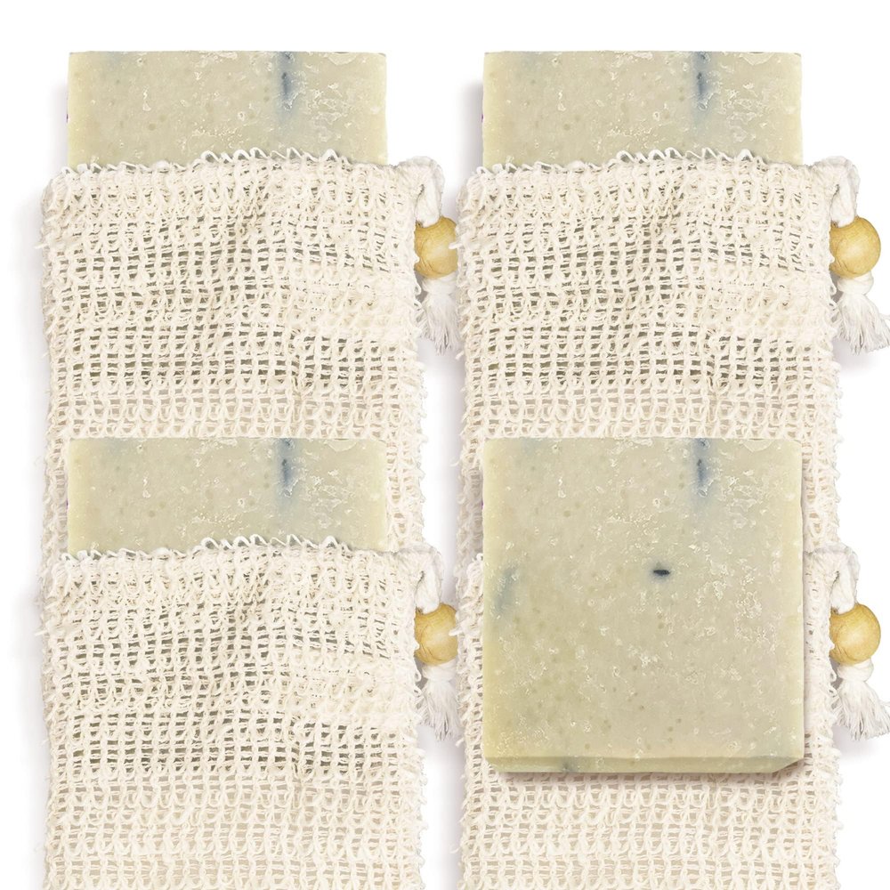 Age of Sage Natural Soap Bar w/ Sisal Bag, Vegan Artisan Soap Bar Set for Women, Body Soap in Bar Soap Pouch, Natural Bath Soaps w/ Essential Oils, 4 Plain Body Soap Bars, Cedarwood Tea Tree