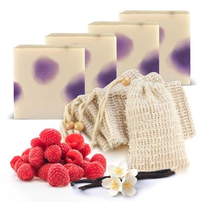 Age of Sage Natural Soap Bar w/ Sisal Bag, Vegan Artisan Soap Bar Set for Women, Body Soap in Bar Soap Pouch, Natural Bath Soaps w/ Essential Oils, 4 Plain Body Soap Bars, Raspberry Vanilla