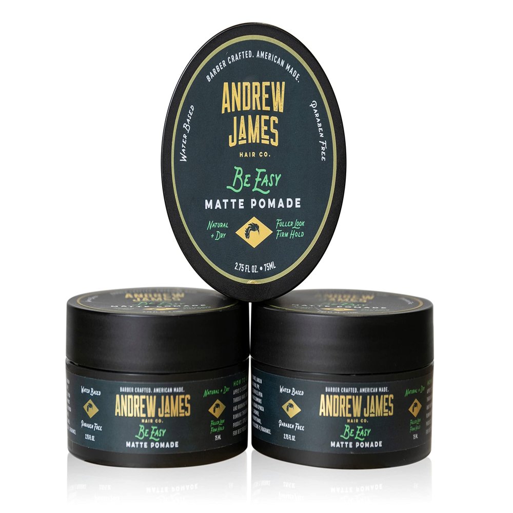 ANDREW JAMES Matte Pomade 3-Pack | Be Easy | 2.75 Ounce Each| Strong Hold | Matte Finish | Natural Look | Provides A Fuller Look | Easy To Wash Out | Made In the USA