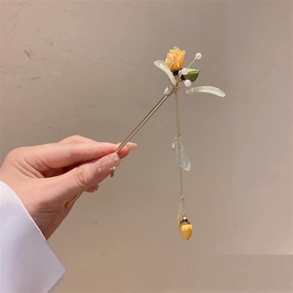 Fashionable Dried Flowers With Long Tassels Hair Sticks Fashion Metal Hair Pins Stick Bun Chopsticks Hair Accessories For Women Bun