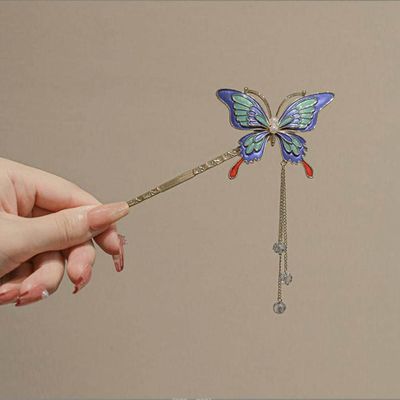 2 Pcs Vintage Fancy Blue Butterfly Tassels Hair Sticks Fashion Metal Hair Pins Stick Bun Chopsticks Hair Accessories For Women Bun