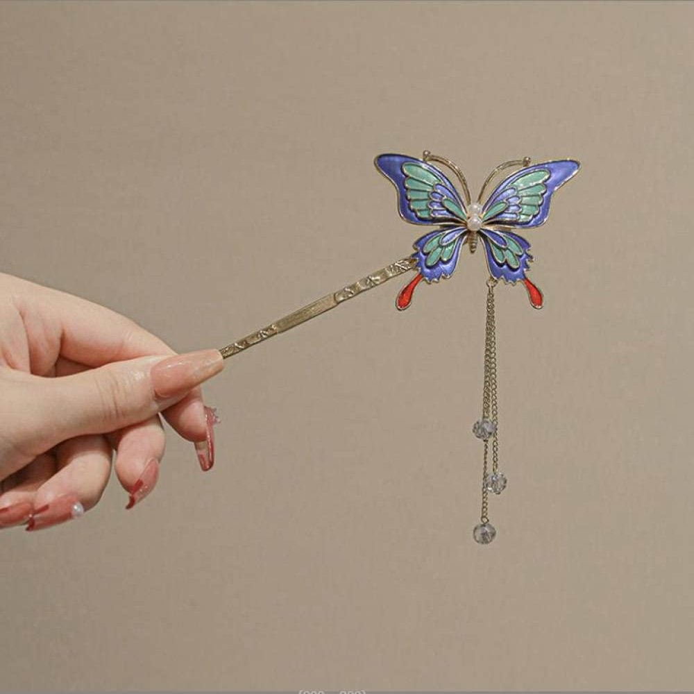 2 Pcs Vintage Fancy Blue Butterfly Tassels Hair Sticks Fashion Metal Hair Pins Stick Bun Chopsticks Hair Accessories For Women Bun