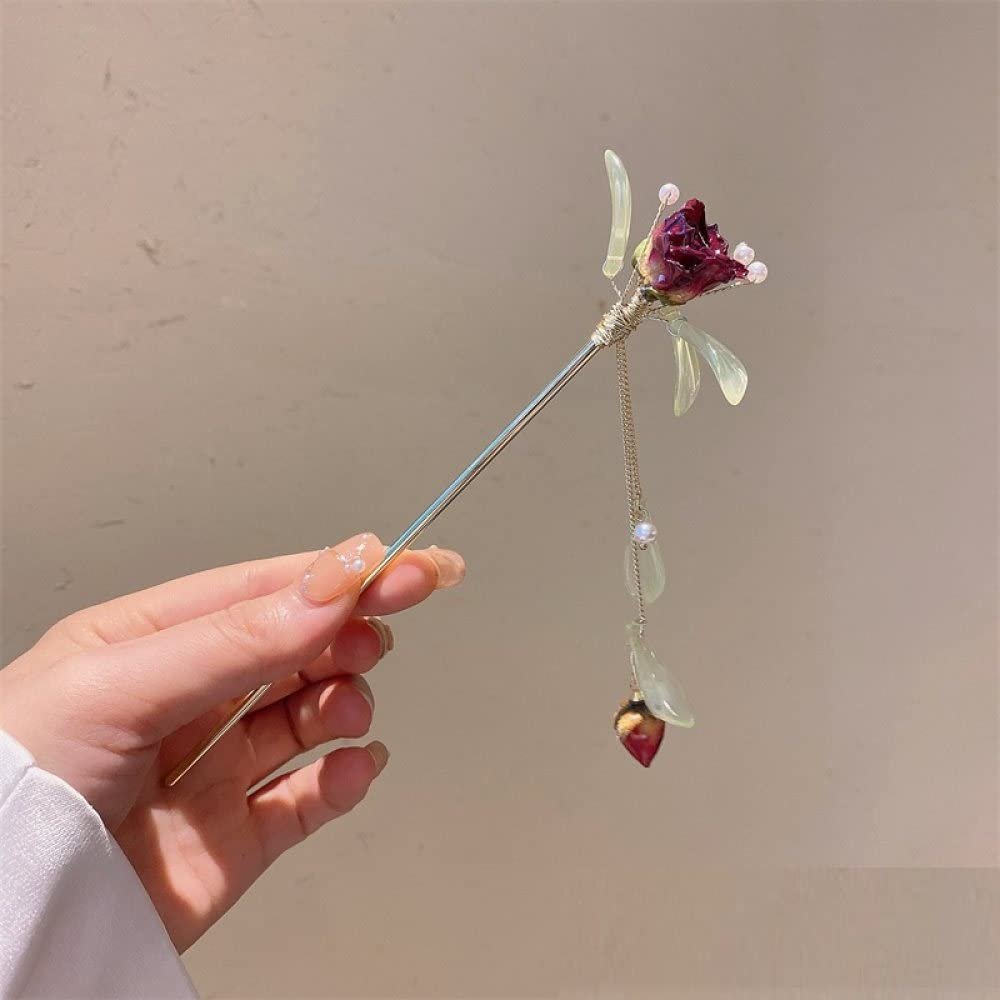 Fashionable Dried Flowers With Long Tassels Hair Sticks Fashion Metal Hair Pins Stick Bun Chopsticks Hair Accessories For Women Bun
