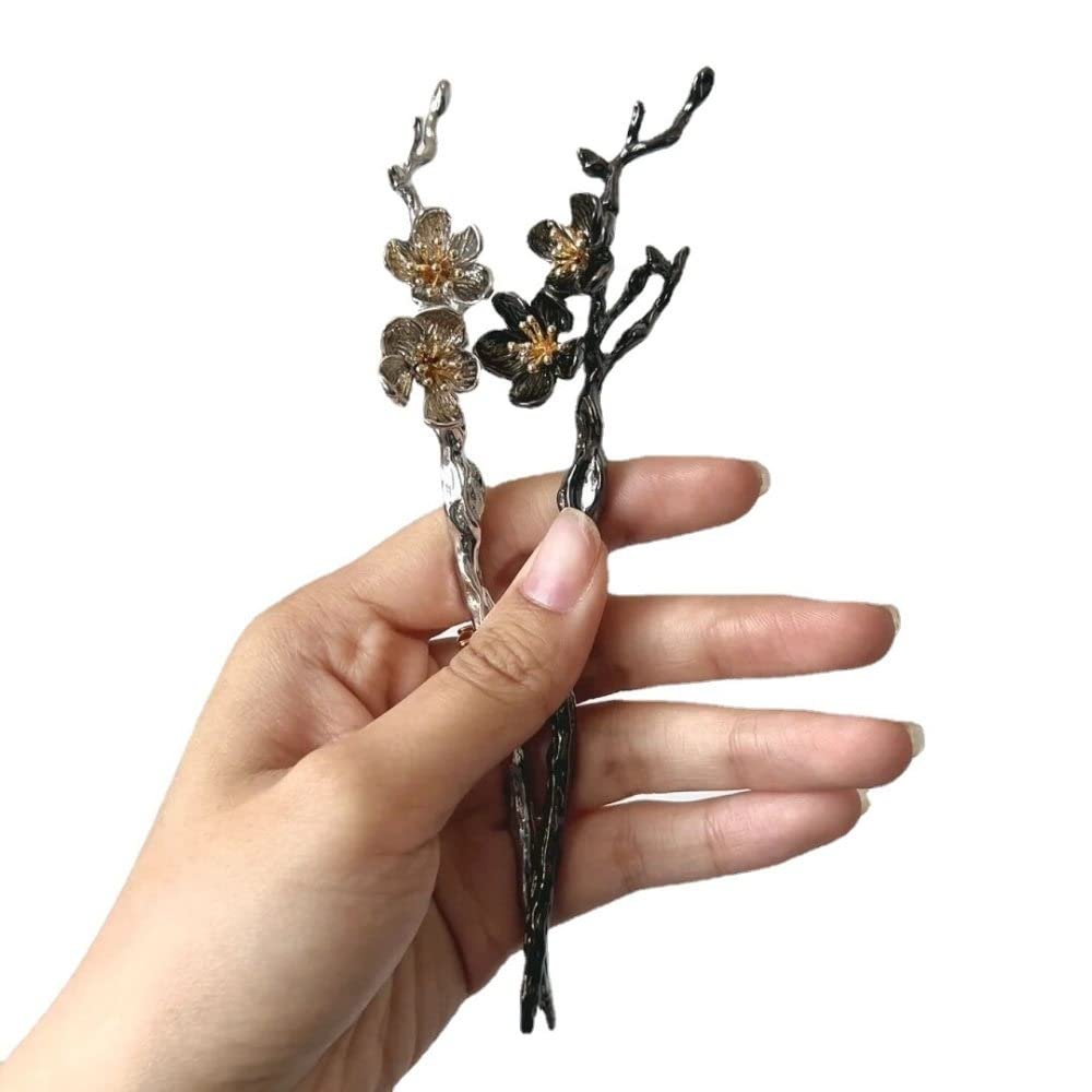 2 Pcs Vintage Camellia Hair Sticks Fashion Metal Hair Pins Stick Bun Chopsticks Hair Accessories For Women Bun Silver Black With Gift Box