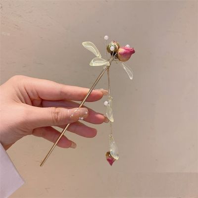 Fashionable Dried Flowers With Long Tassels Hair Sticks Fashion Metal Hair Pins Stick Bun Chopsticks Hair Accessories For Women Bun
