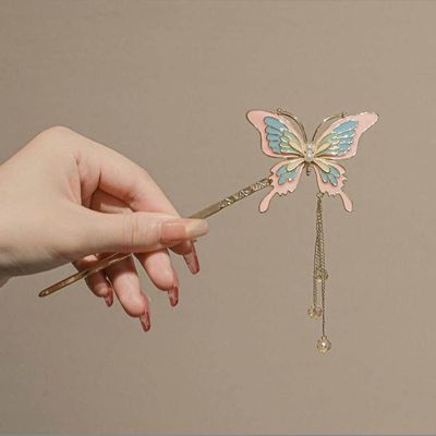 2 Pcs Vintage Pink Butterfly Tassels Hair Sticks Fashion Metal Hair Pins Stick Bun Chopsticks Hair Accessories For Women Bun