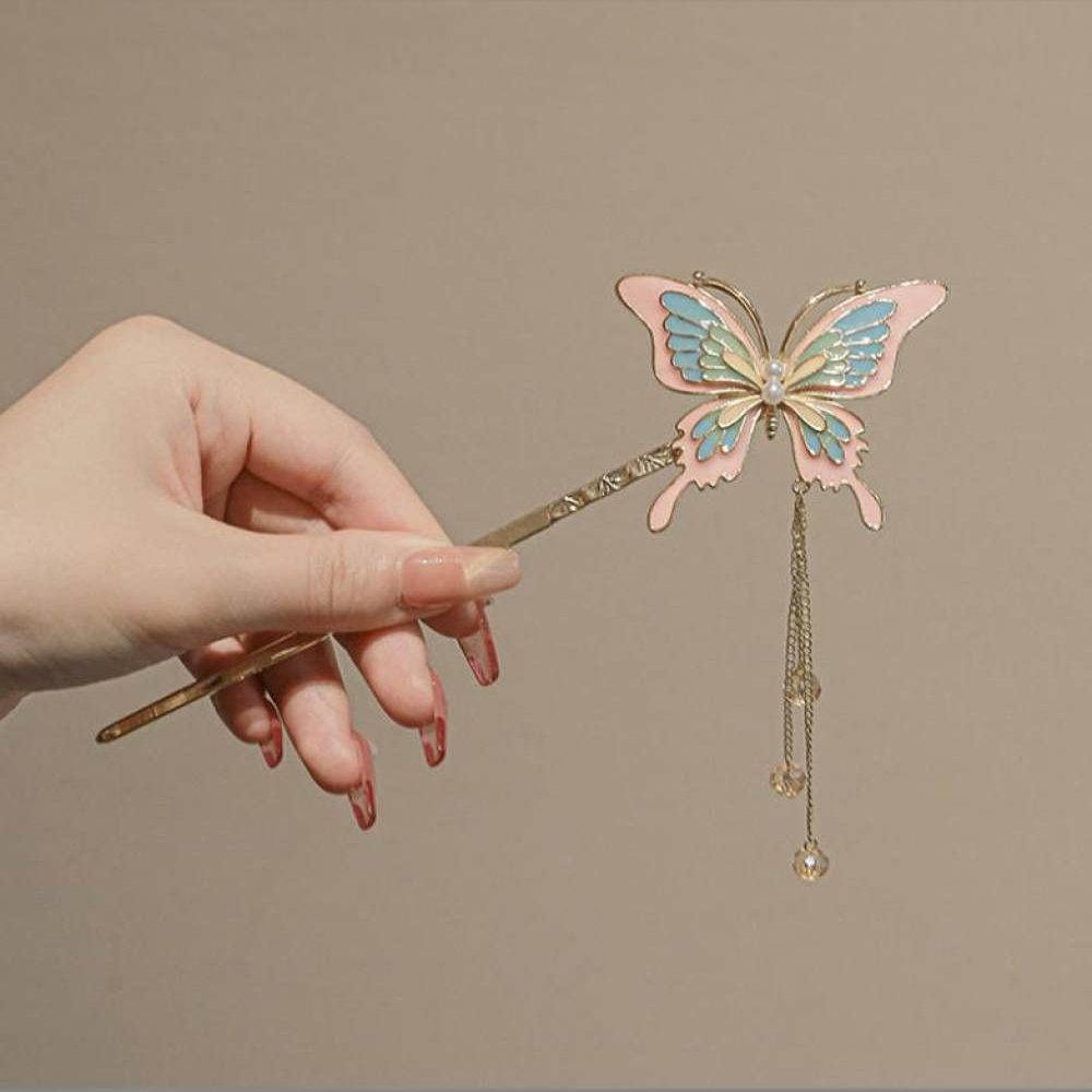 2 Pcs Vintage Pink Butterfly Tassels Hair Sticks Fashion Metal Hair Pins Stick Bun Chopsticks Hair Accessories For Women Bun