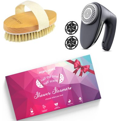 POPCHOSE Shower Steamers Aromatherapy - Dry Brushing Body Brush POPCHOSE Fabric Shaver, Rechargeable Lint Remover with 6-Blades Stocking Stuffers Christmas Gifts for Women and Mom
