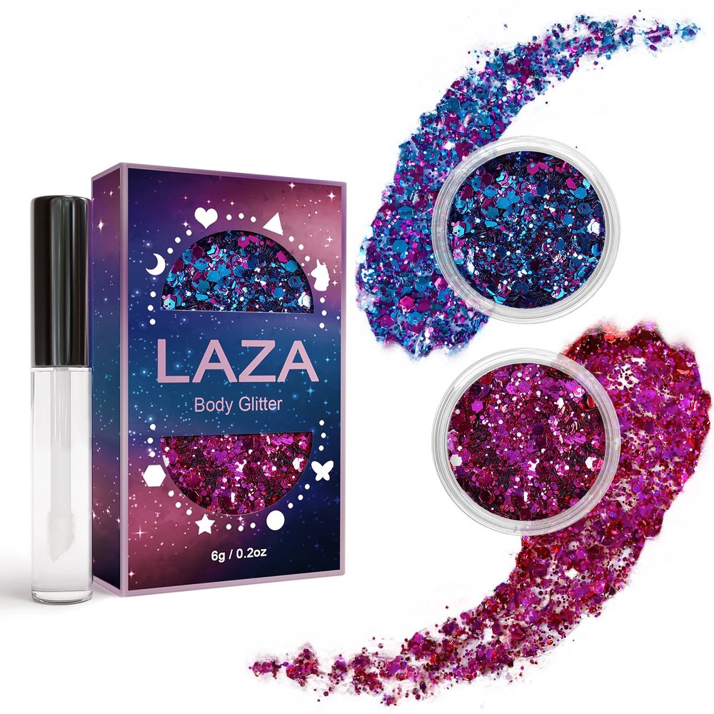 Laza Body Glitter, 2 Jars Iridescent Chunky Sequins with Glitter Glue Perfect for Women Eyeshadow Makeup Face Paint Festival Rave outfits Hair Accessorie Carnival Party Costumes - Brilliant Purple Red