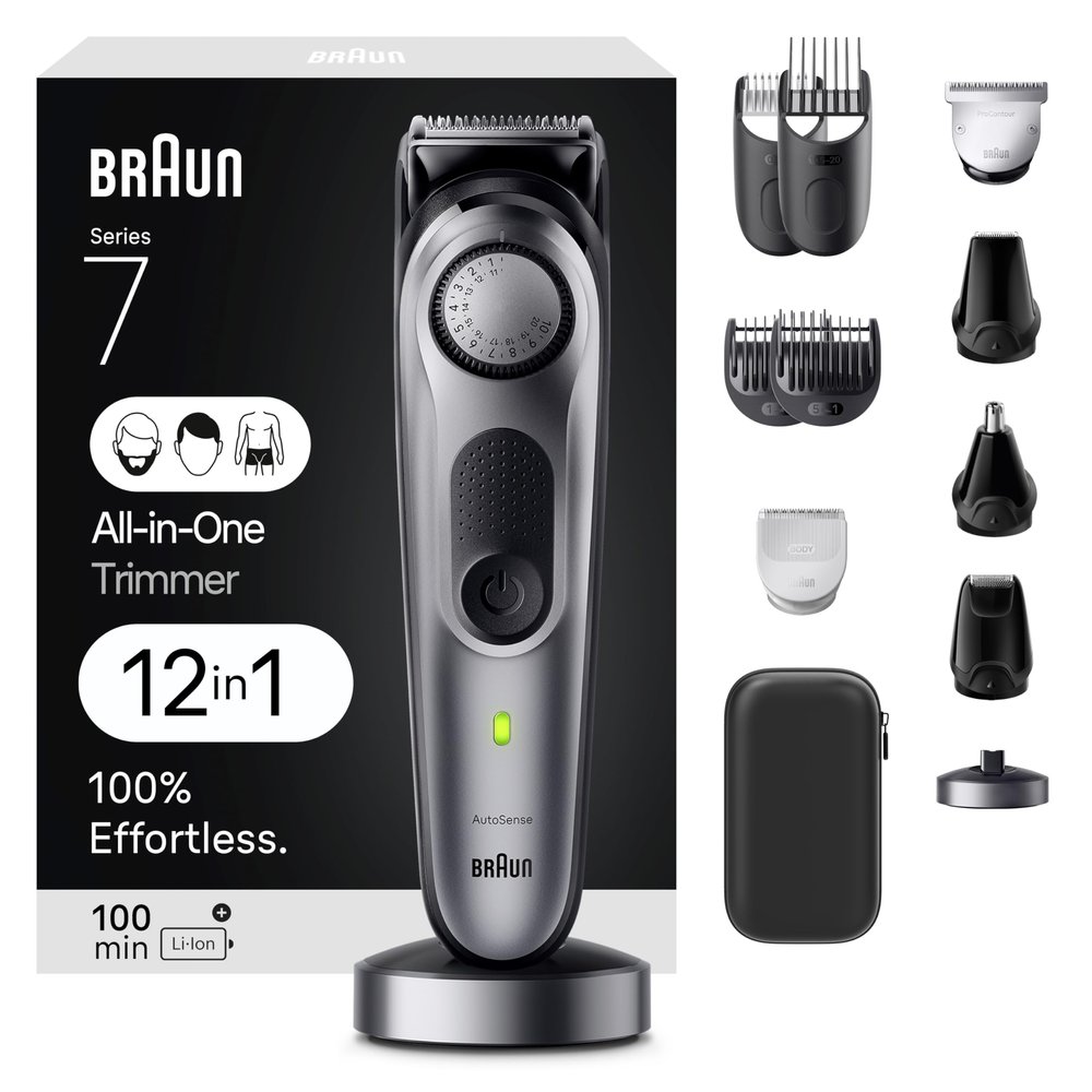 Braun All-in-One Men's Shaving Kit Series 7 7440, 12-in-1 Beard, Face, Nose, Ear Trimmer, Hair Clippers, Body Groomer and Manscaping + Travel Case + Charging Stand, Holiday Gifts for Men