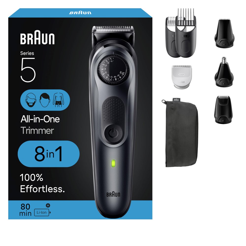Braun All-in-One Style Kit Series 5 5480, 8-in-1 Trimmer for Men with Beard Trimmer, Body Trimmer for Manscaping, Hair Clippers & More, Ultra-Sharp Blade, 40 Length Settings, Waterproof