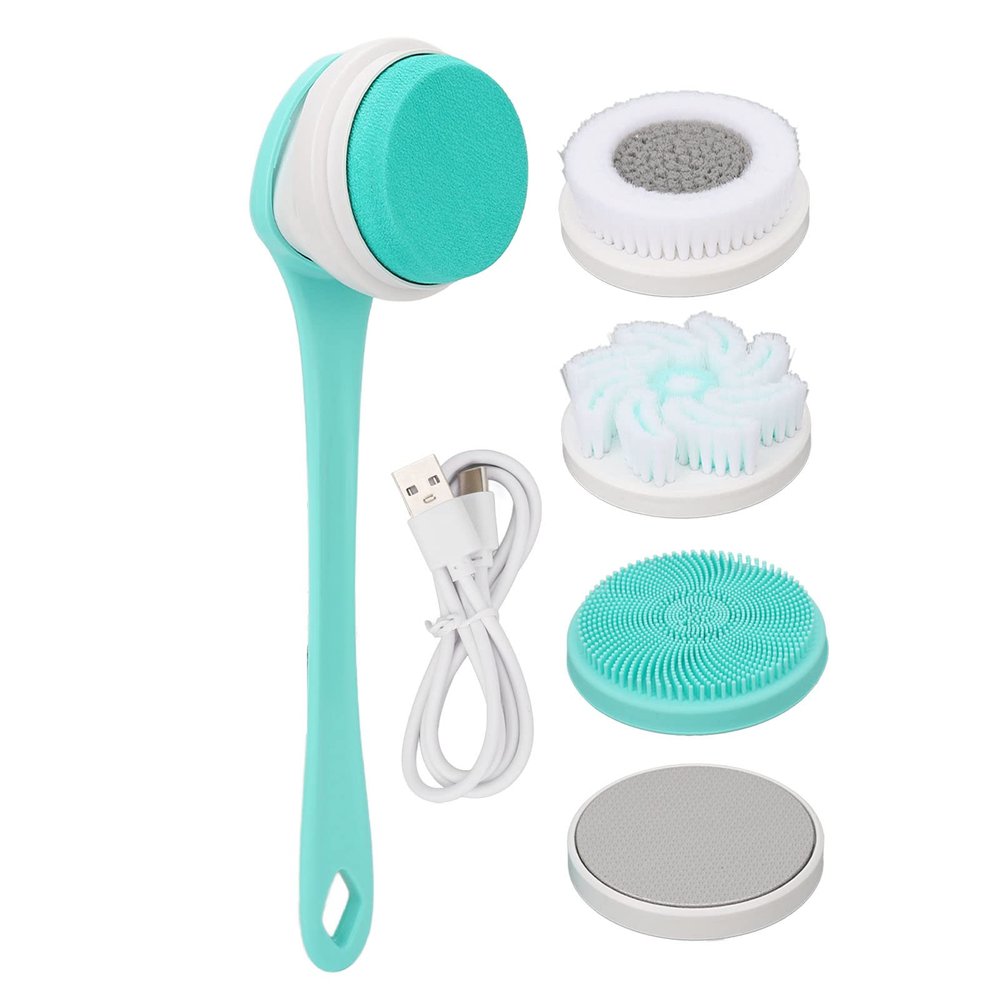 Electric Shower Back Brush, IP67 USB Long Handle Body Scrubber Exfoliating Shower Massage Brush with 3 Gear Adjustment and 5 Brush Replacement Heads