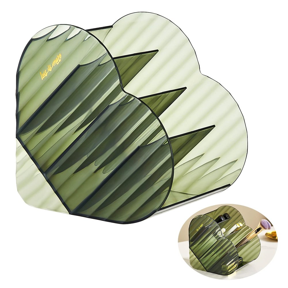 DASITON Large Capacity Makeup Brush Holder Organizer,4 Slot Love Makeup Brushes Cup,Heart shaped Makeup Organizer,for Vanity,Bathroom,Desk Storage Container,Cosmetic Display cases(Clear Green)