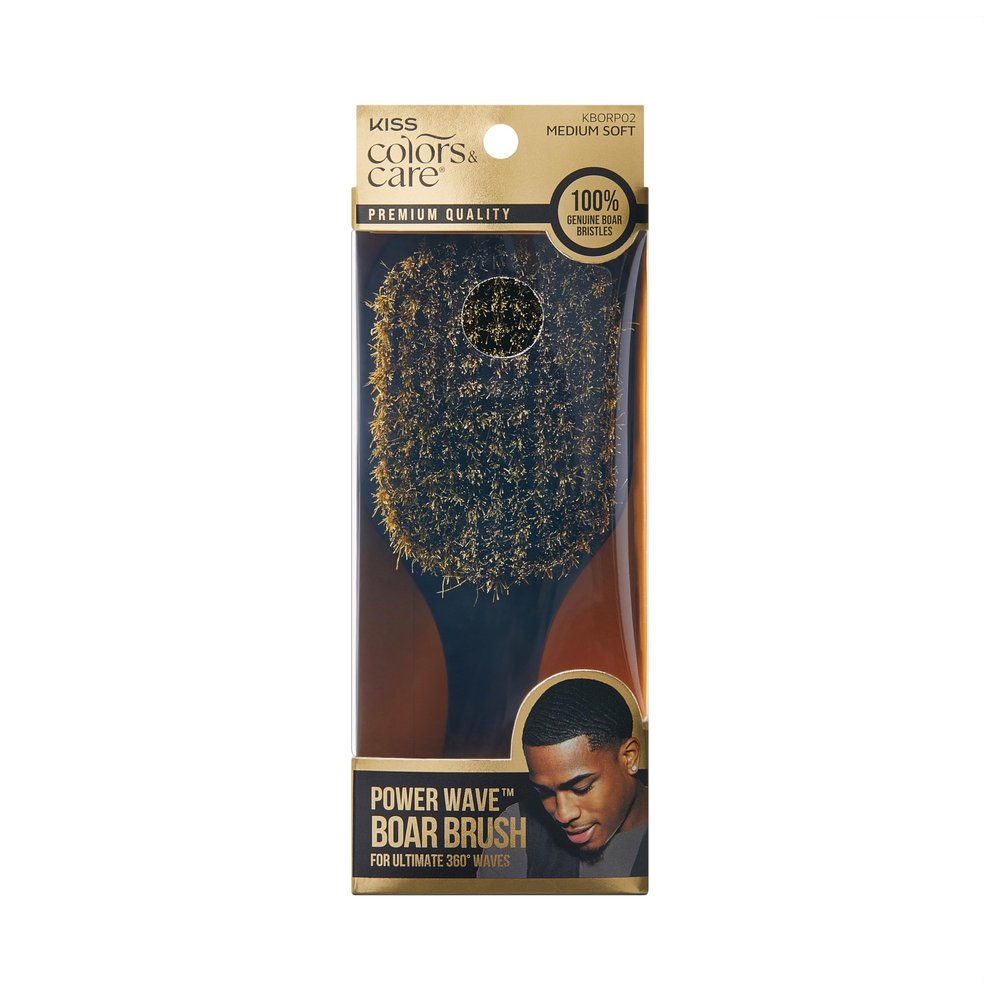 KISS COLORS & CARE 360 Power Wave Palm Brush - Medium Soft, Curved Handle, High-Density Boar Bristles for Deep Waves, Shed-Free Grip