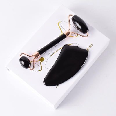 Rose Gold Face Roller Gua Sha Tool Massage Set Natural Obsidian Stone,1 Set with Gift Box