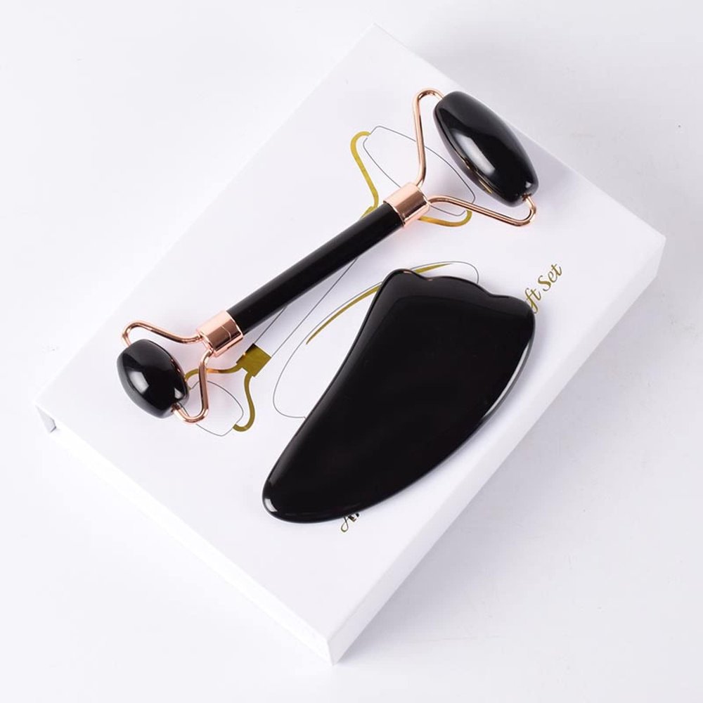 Rose Gold Face Roller Gua Sha Tool Massage Set Natural Obsidian Stone,1 Set with Gift Box