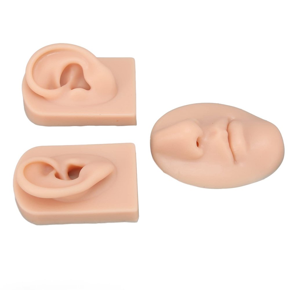 3D Educational Simulation Display Props Kit Include 1 X Nose and Mouth Model and 1 X Pair of Ear Model for Piercing Suture Practice (Silicone Material) (Medium Skin Color)