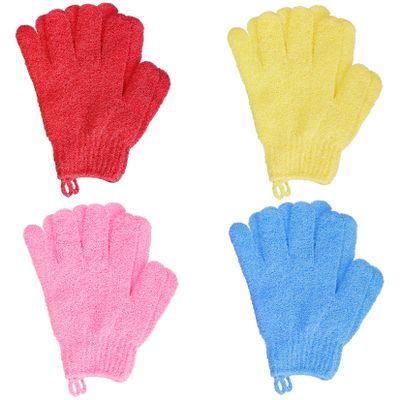 4 Pairs Bath Exfoliating Gloves Scrub, Double Sided Bath Mitts Scrubs for Shower, Exfoliating Shower Mitt Body Scrubber Glove, Bathing Accessories for Bath, Spa, MassageYellow, Red, Pink, Light Blue