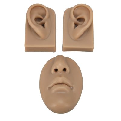 3D Educational Simulation Display Props Kit Include 1 X Nose and Mouth Model and 1 X Pair of Ear Model for Piercing Suture Practice (Silicone Material) (Dark Skin Color)