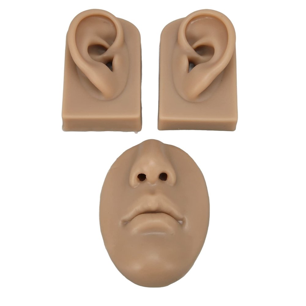 3D Educational Simulation Display Props Kit Include 1 X Nose and Mouth Model and 1 X Pair of Ear Model for Piercing Suture Practice (Silicone Material) (Dark Skin Color)