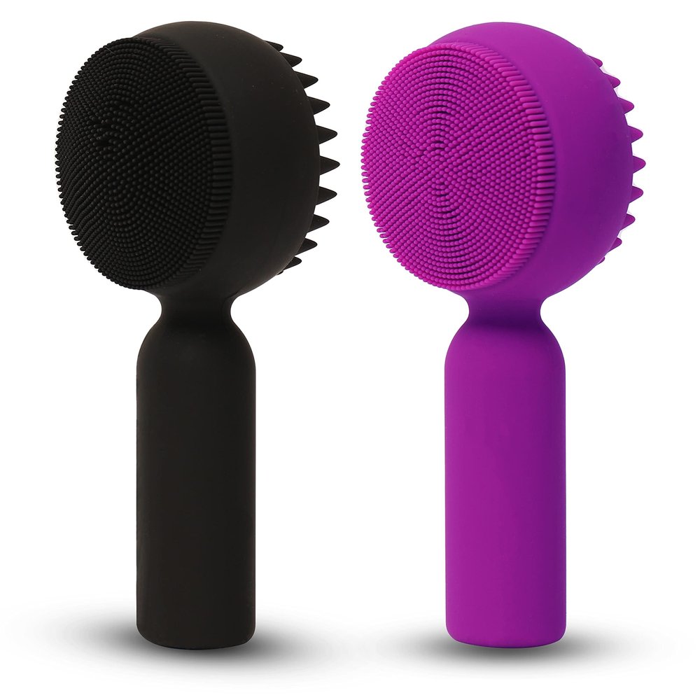 2 PC Silicone Facial Cleansing Brush 2 in 1 Facial Scrubber Manual Exfoliating Facial Brush Face Cleanser Face Exfoliator Ultrafine Bristles for Sensitive Skin Easy to Clean Lather Well(Black&Purple)