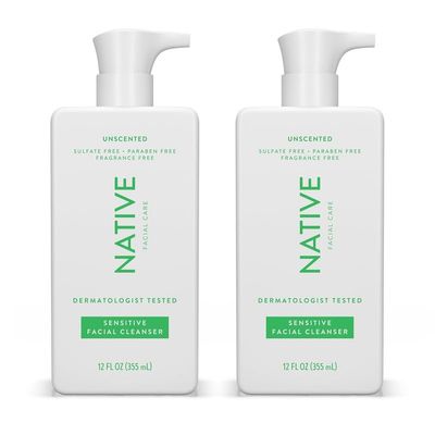 Native Sensitive Face Wash, Spa Day Every Day Facial Cleanser (2 Pack) | Daily Face Cleaner with Aloe and Vitamin B3, Unscented, 12 fl oz