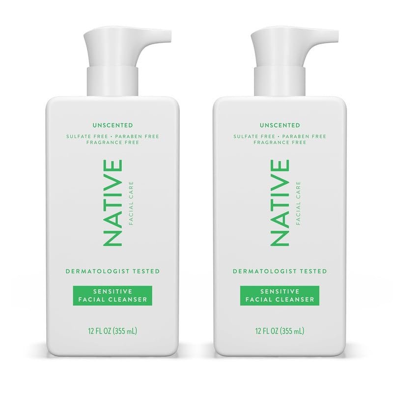 Native Sensitive Face Wash, Spa Day Every Day Facial Cleanser (2 Pack) | Daily Face Cleaner with Aloe and Vitamin B3, Unscented, 12 fl oz