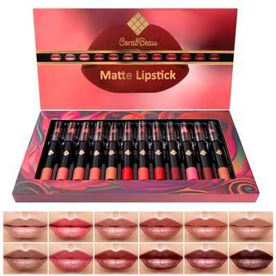 CoralBeau Matte Lipstick Set - 12-Piece Lip Crayon Set With Nude, Pink, Mauve & Red Shades - Waterproof, Long-Wearing Smudge Proof Lipstick Formula with Rich Colors & Pigments
