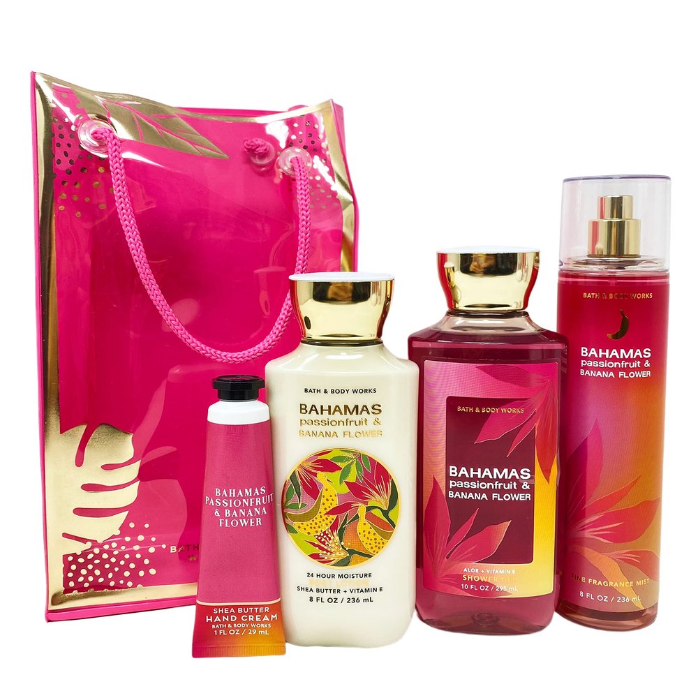 Bath and Body Bahamas Passionfruit & Banana Flower Gift Set Bag - Fragrance Mist - Body Lotion - Shower Gel and Hand Cream Arranged Inside a Decorative Gift Bag