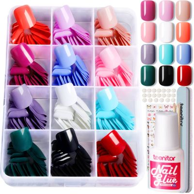 Teenitor Square Press On Nails - 288pcs, 12 Colors, Short, Glue On, False Nails for Wide Nail Bed