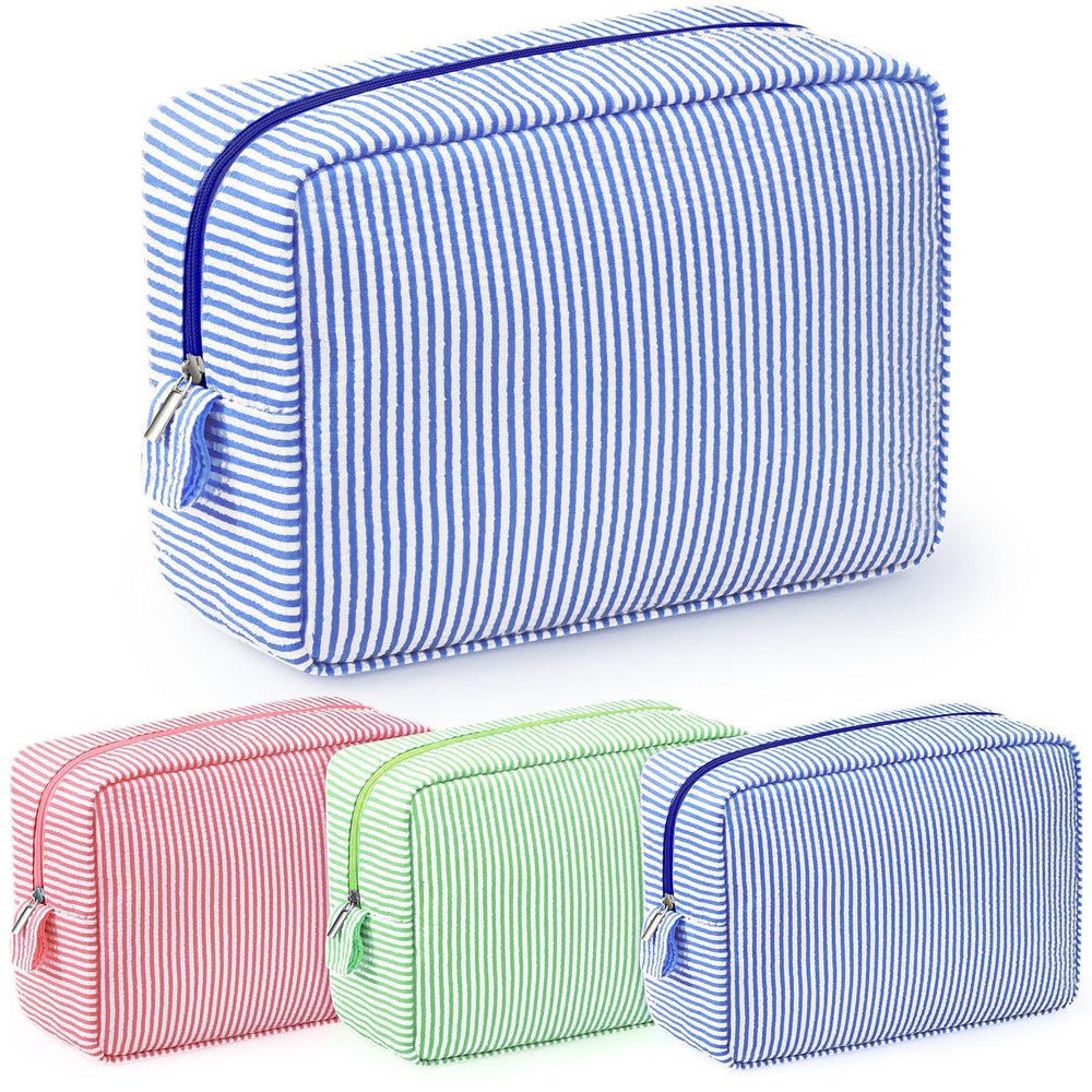 Sanwuta 3 Pcs Seersucker Cosmetic Bag Seersucker Makeup Bag Women Stripe Large Travel Toiletry Organizer Preppy Storage Pouch for Embroidery Christmas Bridesmaid Gifts(Pink, Blue, Green)