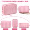 Sanwuta 3 Pcs Seersucker Cosmetic Bag Seersucker Makeup Bag Women Stripe Large Travel Toiletry Organizer Preppy Storage Pouch for Embroidery Christmas Bridesmaid Gifts(Pink, Blue, Green) view 2