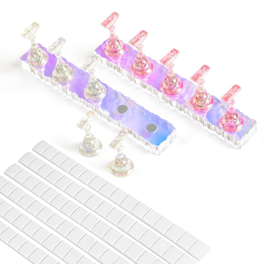 BQAN 2 Set Nail Holder for Painting Nails, Aurora Acrylic Nail Stand for Press on / Fake Nail Tips Training / Nails Display with 96 Pcs Reusable Adhesive Putty