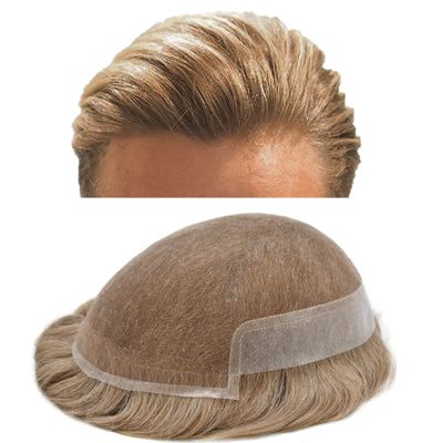 Mens Toupee French Lace Front Toupee for Men Human Remy Hair Replacement System Bleached Knots Mens Hair Systems 8X10", #2020 20# LIGHT ASH BLONDE WITH 20% SYNTHETIC GRYE)