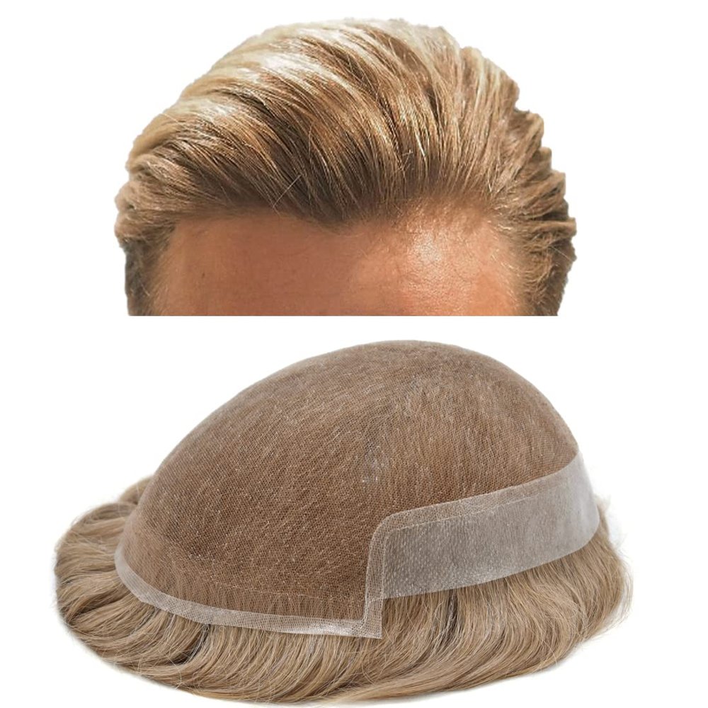 Mens Toupee French Lace Front Toupee for Men Human Remy Hair Replacement System Bleached Knots Mens Hair Systems 8X10", #2020 20# LIGHT ASH BLONDE WITH 20% SYNTHETIC GRYE)