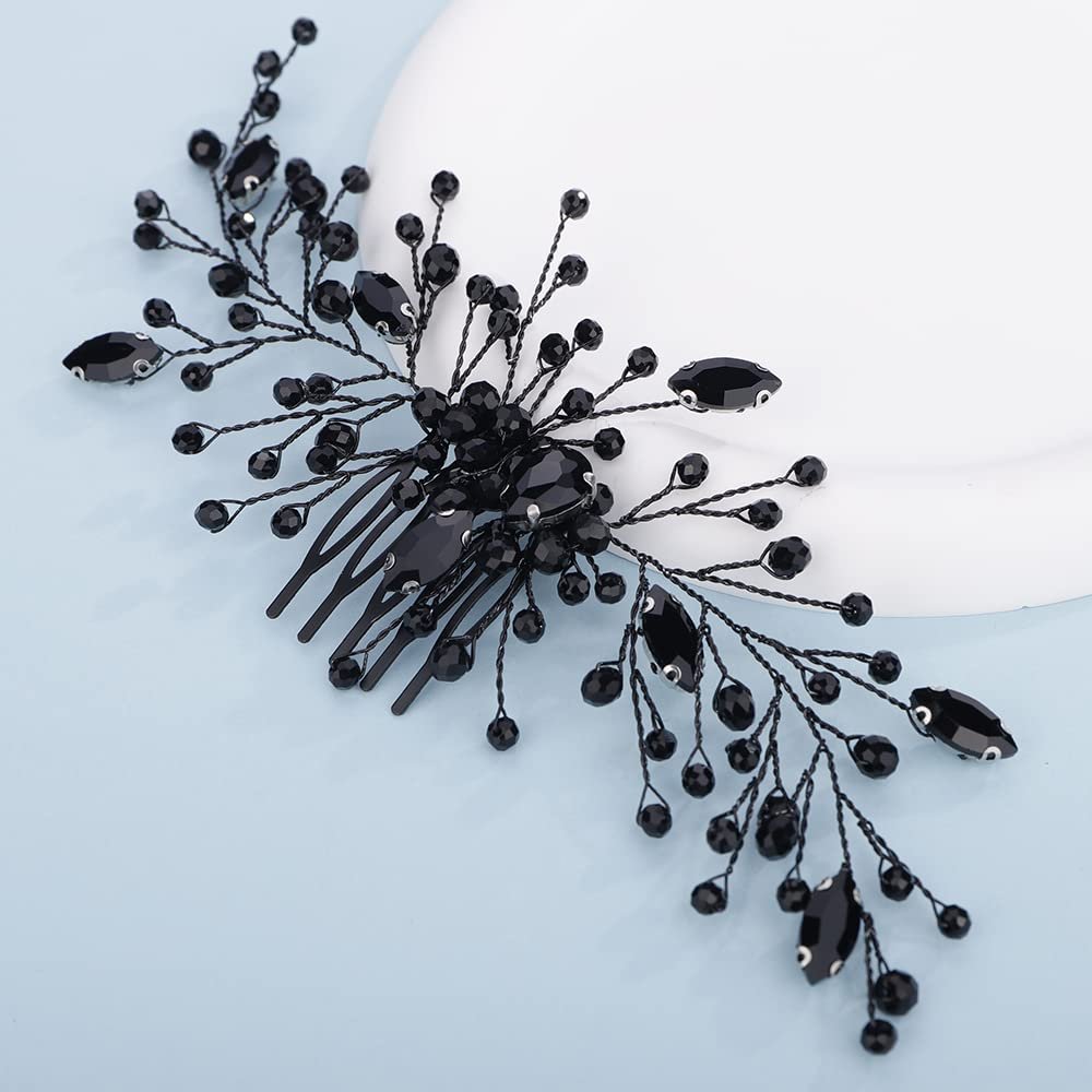 Teyglen Women Black Crystal Rhinestone Hair Accessory - Luxurious Bridal Side Comb Headband for Bride and Girls