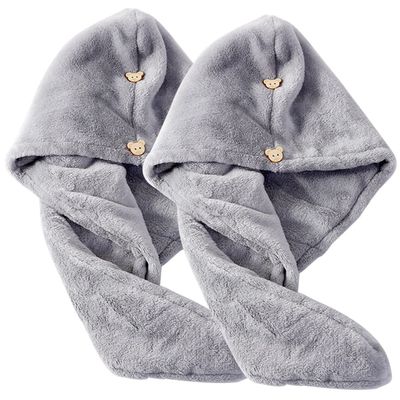 Cabilock 2pcs Thick Coral Fleece Hair Drying Wrap Towel Button Design Super Absorbent Hair Hat for Quick Drying Wet Travel Light Grey