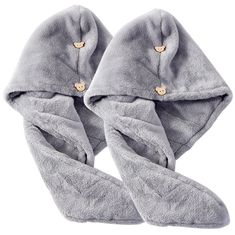 Cabilock 2pcs Thick Coral Fleece Hair Drying Wrap Towel Button Design Super Absorbent Hair Hat for Quick Drying Wet Travel Light Grey