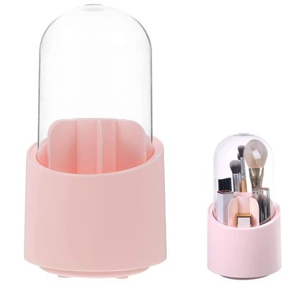 Ygapuzi Makeup Brush Holder Organizer with Clear Lid, 360 Rotating Makeup Brush Storage Container Dustproof Cosmetic Display Case Tray for Vanity Bathroom Countertop Cabinet Desktop (Pink)