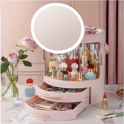 XiShiYing Makeup Organizer,Large Capacity Dust and Waterproof Cosmetic Storage Box,Skin Care Products Dressing Table with LED Mirror,Drawer Suitable for Bathroom and Bedroom -Green,Pink
