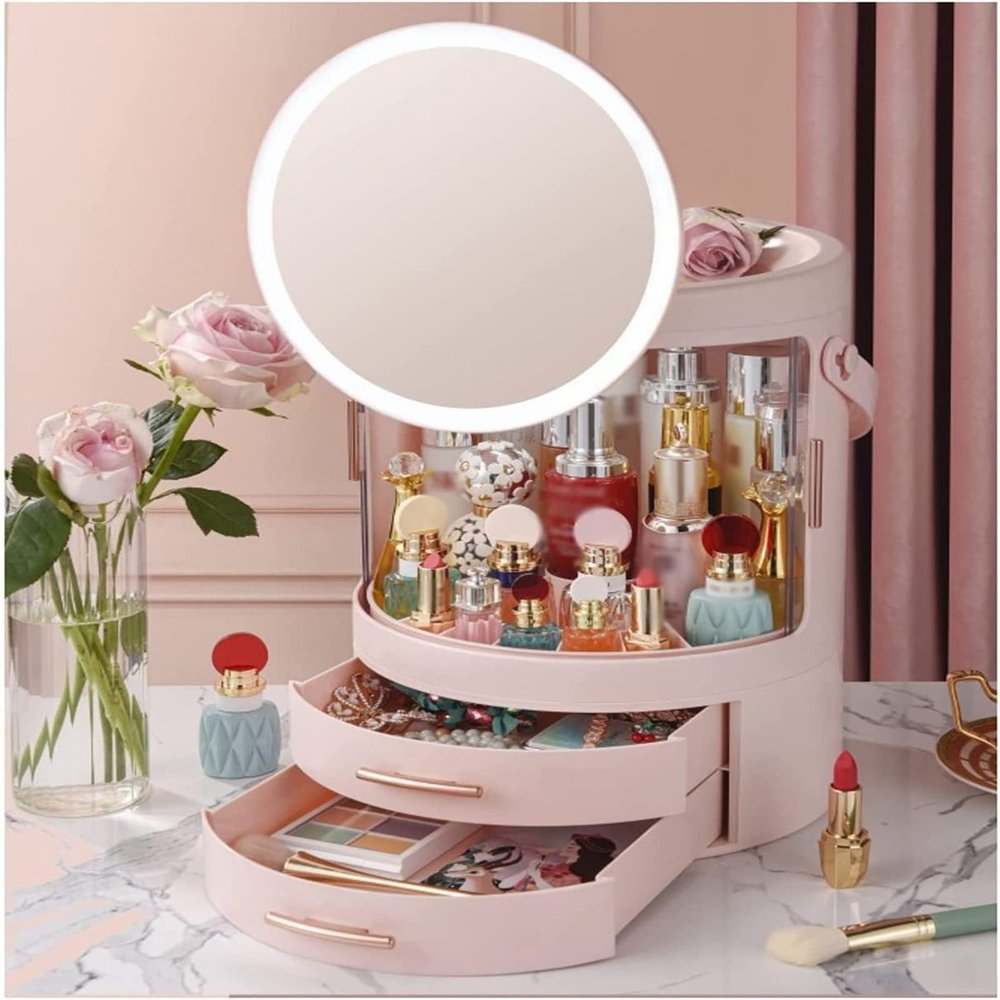 XiShiYing Makeup Organizer,Large Capacity Dust and Waterproof Cosmetic Storage Box,Skin Care Products Dressing Table with LED Mirror,Drawer Suitable for Bathroom and Bedroom -Green,Pink