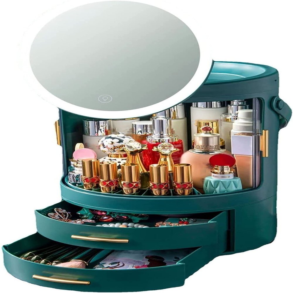 XiShiYing Makeup Organizer,Large Capacity Dust and Waterproof Cosmetic Storage Box,Skin Care Products Dressing Table with LED Mirror,Drawer Suitable for Bathroom and Bedroom -Green,Green