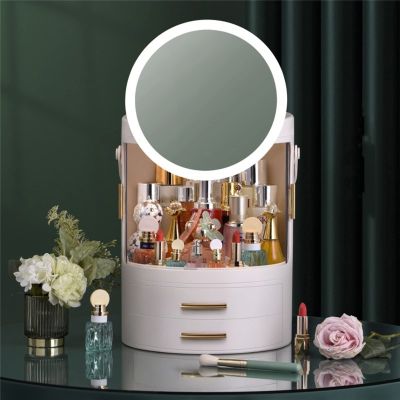 XiShiYing Makeup Organizer,Large Capacity Dust and Waterproof Cosmetic Storage Box,Skin Care Products Dressing Table with LED Mirror,Drawer Suitable for Bathroom and Bedroom -Green,White