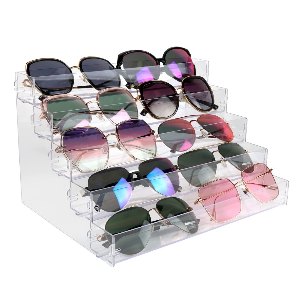 BVANQ 5 Tier Sunglasses Organizer Acrylic Sunglass Holder Nail Polish Organizer Countertop Stand Display No Pungent Acrylic Glue Assembly for Highlighting Glasses,Makeup,Essential Oil
